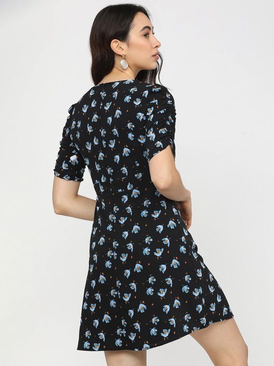 Black Floral Crepe A-Line Dress (Tokyo Talkies)