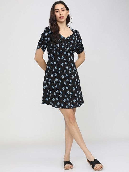 Black Floral Crepe A-Line Dress (Tokyo Talkies)