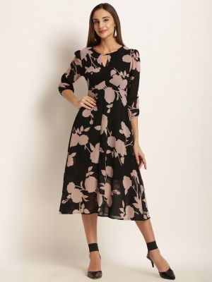 Black Floral Print Fit and Flare Dress (Harpa)