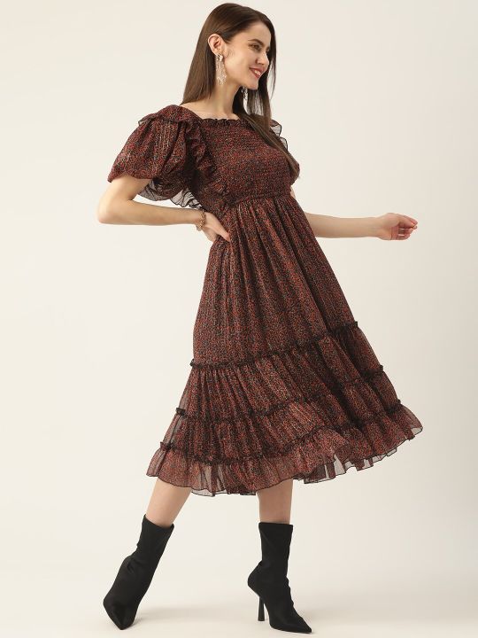 Black & Orange Smocked Chiffon Midi Dress (Antheaa)