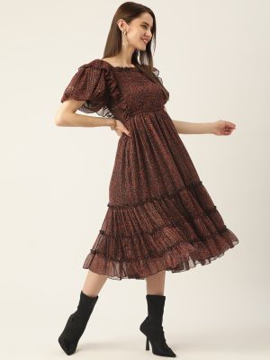 Black & Orange Smocked Chiffon Midi Dress (Antheaa)