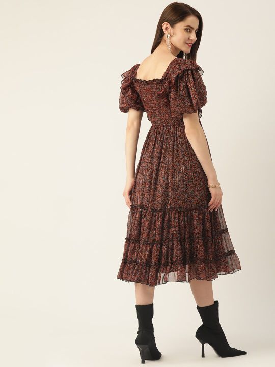 Black & Orange Smocked Chiffon Midi Dress (Antheaa)