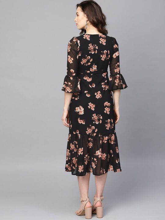 Black & Pink Floral Printed Wrap Dress (SASSAFRAS)