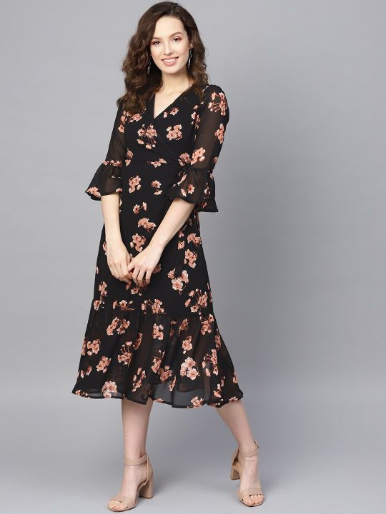 Black & Pink Floral Printed Wrap Dress (SASSAFRAS)