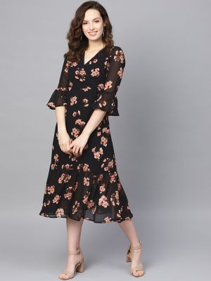 Black & Pink Floral Printed Wrap Dress (SASSAFRAS)
