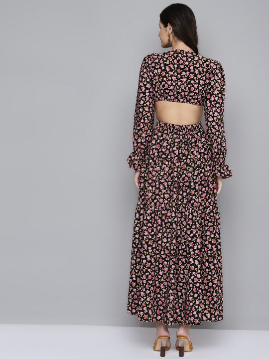 Black & Pink Floral Waist Cut-Out Maxi Dress (SASSAFRAS)