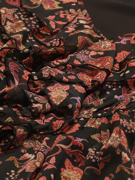 Black & Rust Orange Floral Print Tiered Midi Fit & Flare Dress with Ruffles (Antheaa)