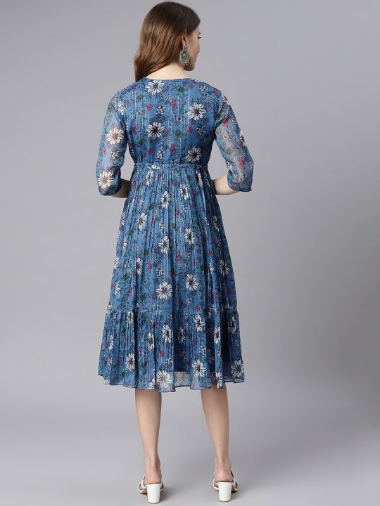 Blue Floral Georgette Midi Dress (Janasya)