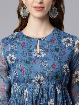 Blue Floral Georgette Midi Dress (Janasya)