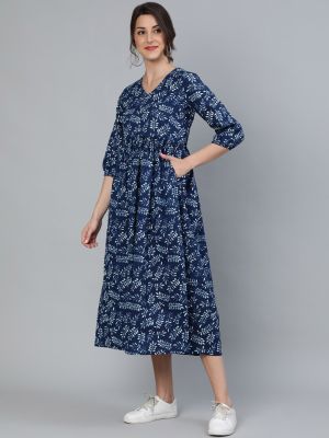 Blue Tropical Fit and Flare Cotton Dress (Nayo)