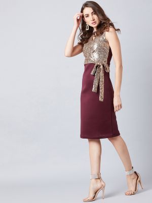 Burgundy & Brown Embellished Sheath Dress (Athena)