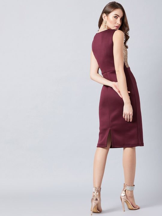 Burgundy & Brown Embellished Sheath Dress (Athena)