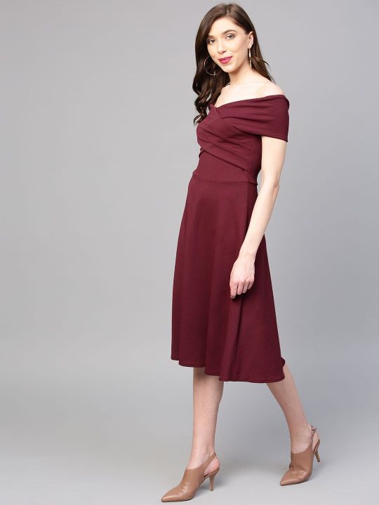 Burgundy Off-Shoulder Pleated Fit & Flare Dress (Athena)