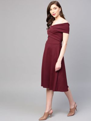 Burgundy Off-Shoulder Pleated Fit & Flare Dress (Athena)