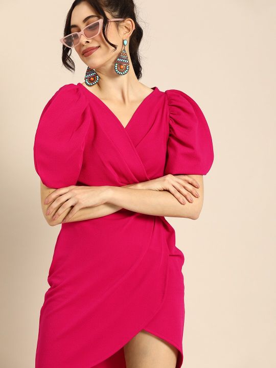Charming Fuchsia Pink Power Shoulders Tulip Hem Wrap Dress (Athena)