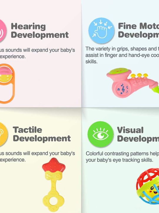 Colorful Attractive Plastic Non Toxic Set of 7 Shake & Grab Rattle and 1 Soothing Teether (WISHKEY)