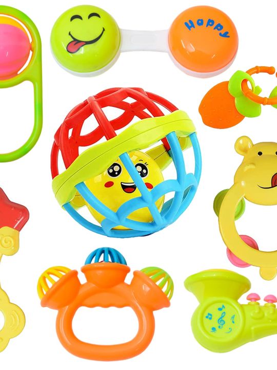 Colorful Attractive Plastic Non Toxic Set of 7 Shake & Grab Rattle and 1 Soothing Teether (WISHKEY)