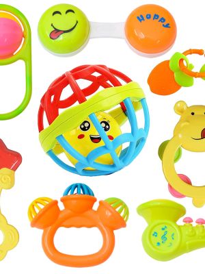 Colorful Attractive Plastic Non Toxic Set of 7 Shake & Grab Rattle and 1 Soothing Teether (WISHKEY)