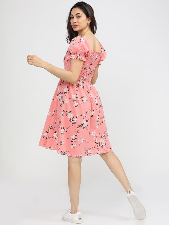 Coral Pink & White Floral Dress (Tokyo Talkies)