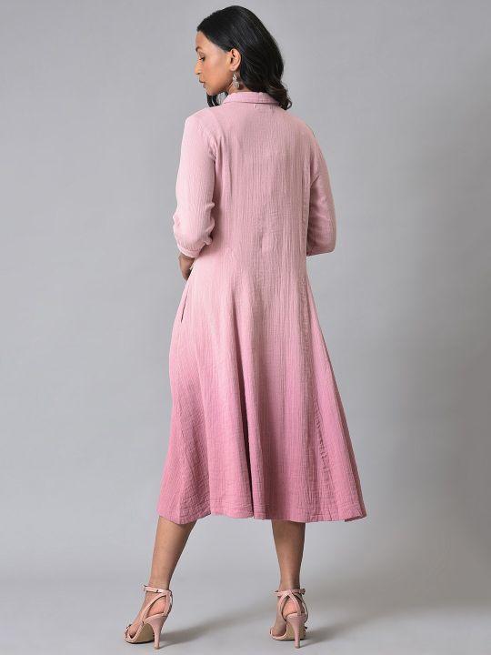 Dyed Shirt Collar A-Line Midi Dress (W)