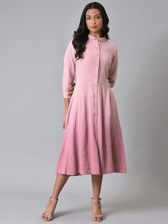 Dyed Shirt Collar A-Line Midi Dress (W)