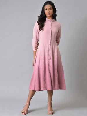 Dyed Shirt Collar A-Line Midi Dress (W)