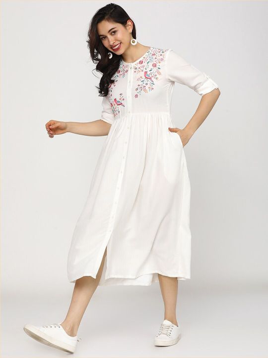 Ethnic Motifs Embroidered A-Line Midi Dress (Vishudh)