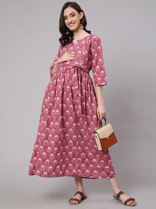 Floral Printed Cotton Maternity A-Line Midi Dress (Nayo)