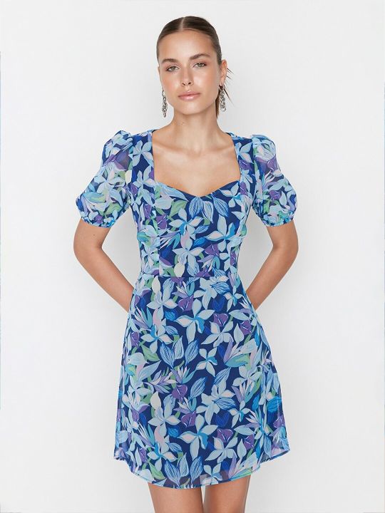 Floral Printed Sweetheart Neck Fit & Flare Dress (Trendyol)