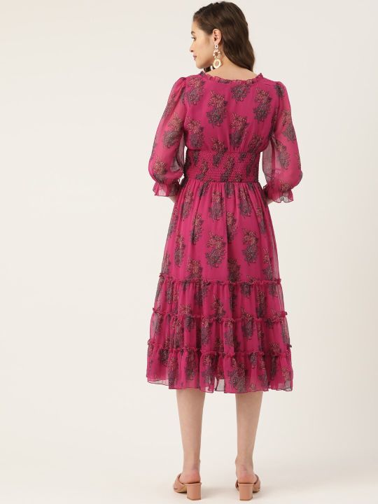 Fuchsia Paisley Print Smocked Chiffon Midi Fit & Flare Dress (Antheaa)