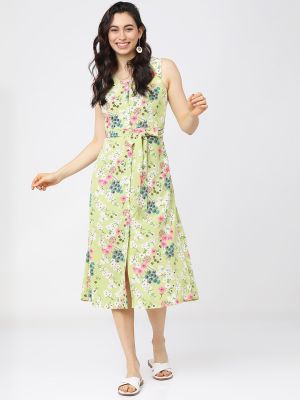 Green Floral A-Line Midi Dress (Tokyo Talkies)