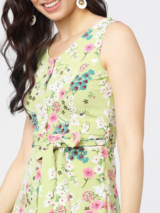 Green Floral A-Line Midi Dress (Tokyo Talkies)