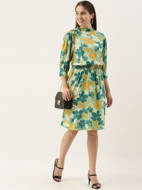 Green & Yellow Floral Printed A-Line Dress (all about you)