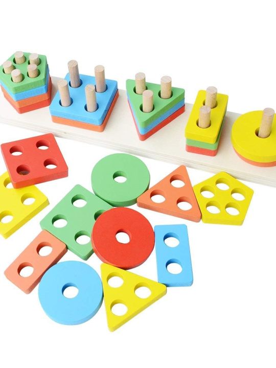 Kids Wooden Angle Geometric Blocks Stacker Shape Sorter Column Puzzle Stacking Set (Toyshine)