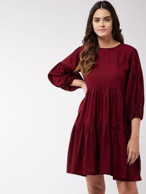 Maroon Layered A-Line Flared Short Dress (InWeave)