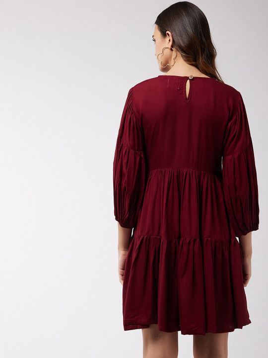 Maroon Layered A-Line Flared Short Dress (InWeave)