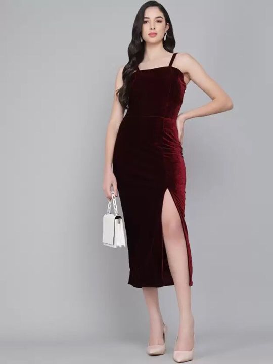 Maroon Velvet Sheath Midi Dress (VAARARO)