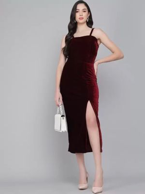 Maroon Velvet Sheath Midi Dress (VAARARO)