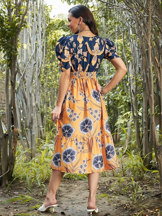 Mustard Yellow & Blue Floral Crepe Empire Midi Dress (Athena)