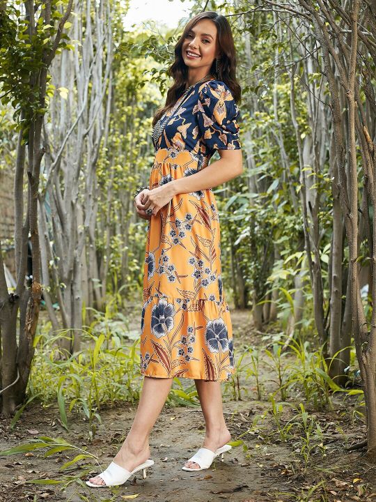 Mustard Yellow & Blue Floral Crepe Empire Midi Dress (Athena)