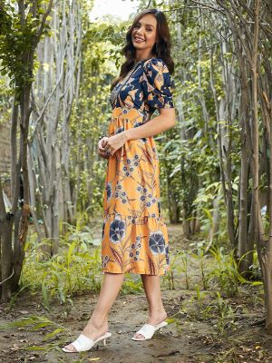 Mustard Yellow & Blue Floral Crepe Empire Midi Dress (Athena)