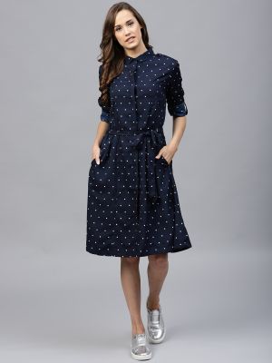 Navy Blue Polka Dots Printed Shirt Dress (Tokyo Talkies)