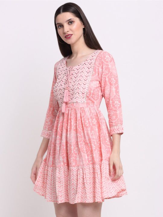 Peach-Coloured & White Ethnic Motifs Ethnic Dress (KALINI)
