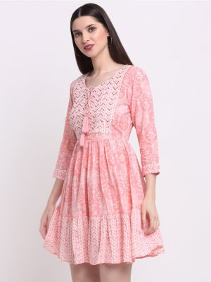 Peach-Coloured & White Ethnic Motifs Ethnic Dress (KALINI)