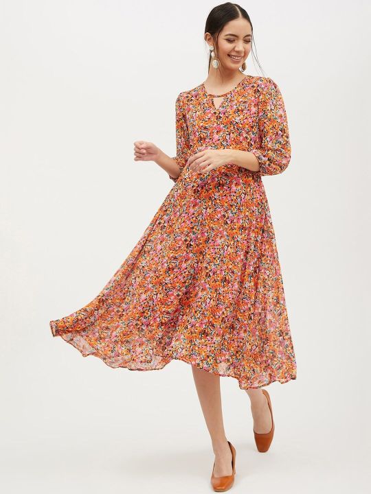 Pink & Orange Floral Printed A-Line Dress (Harpa)