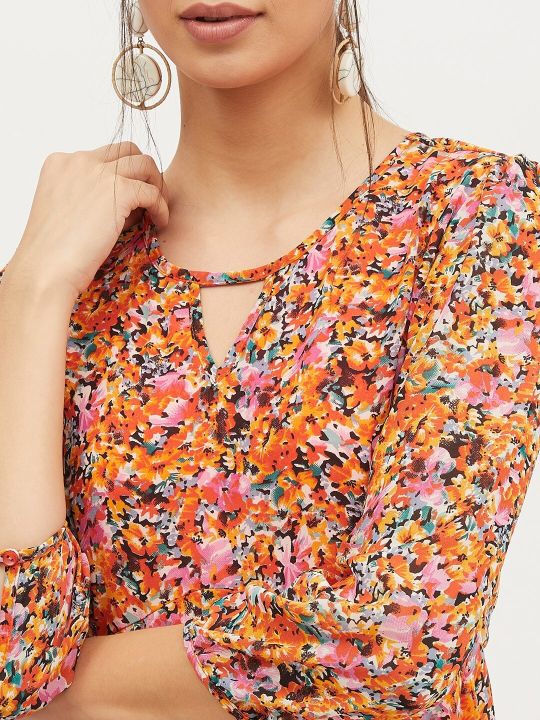 Pink & Orange Floral Printed A-Line Dress (Harpa)