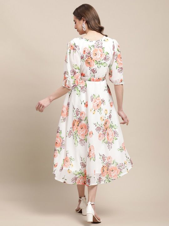 Printed Floral Keyhole Neck Midi Dress (Fabflee)