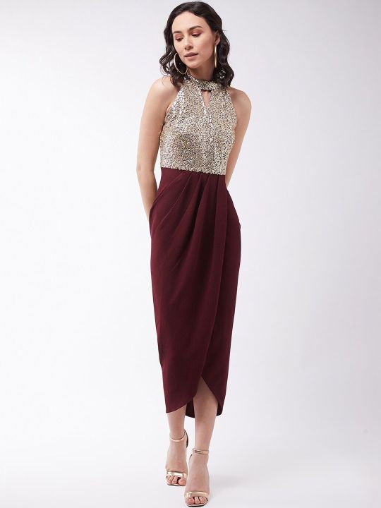 Red Embellished Crepe Sheath Midi Dress (Miss Chase)