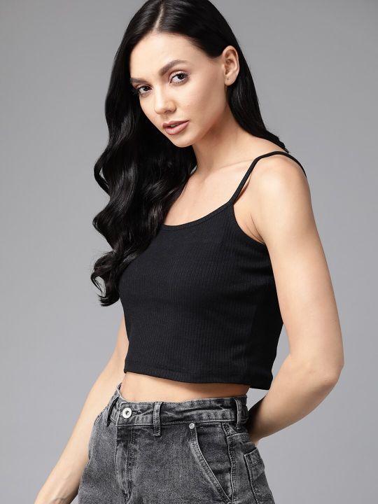 Roadster Black Ribbed Cami Crop Top