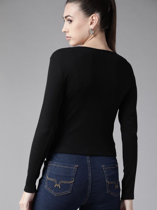 Roadster Black Solid Ribbed Top